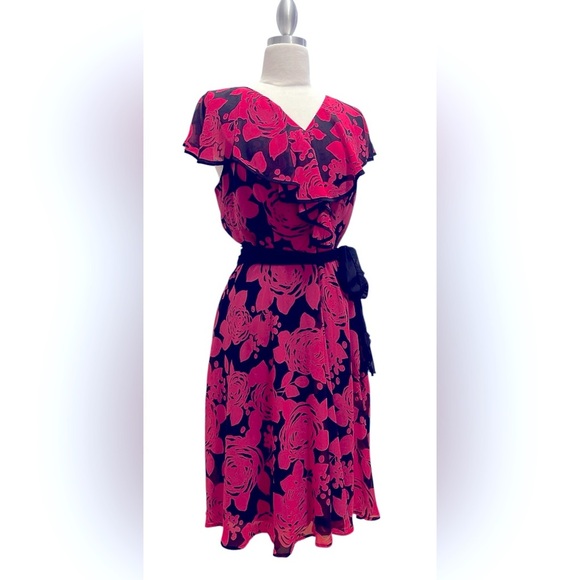 Pink and Black Ruffled Midi Dress - Picture 1 of 5